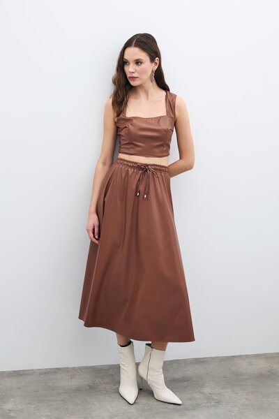 Sateen Bel Lastikli Deri Etek - Kahve
