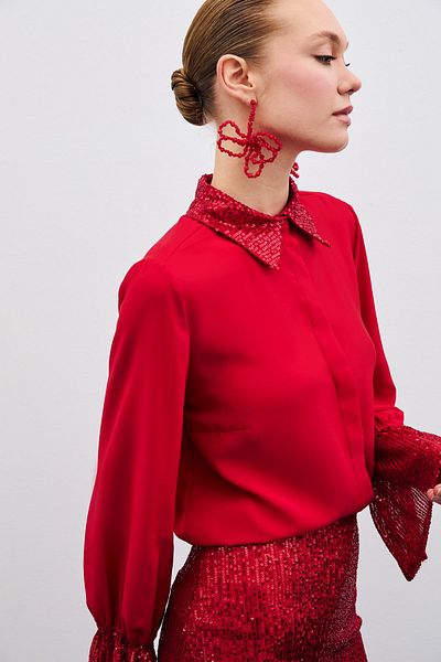 Sateen Sequin Detailed Shirt - Red