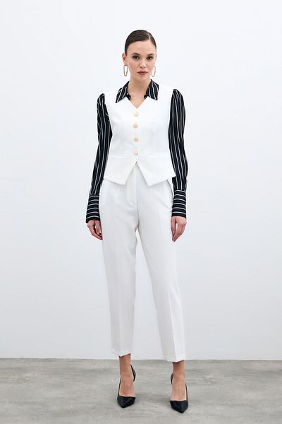 Sateen High Waist Cuffed Trousers - ECRU