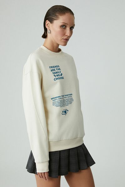 GRIMELANGE Modelıta Women's Regular Printed Round Neck Ecru Sweatshirt