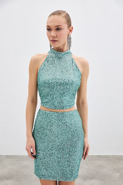 Sateen Sleeveless Sequined Blouse - Mint