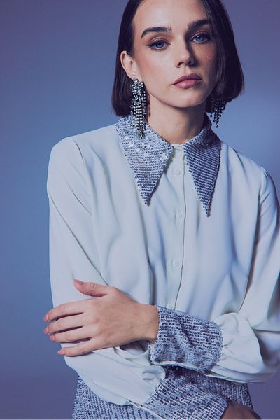 Sateen Sequin Detailed Shirt - Ecru-Silver