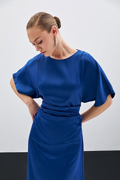 Sateen Büzgü Detaylı Krep Saten Elbise - Lacivert