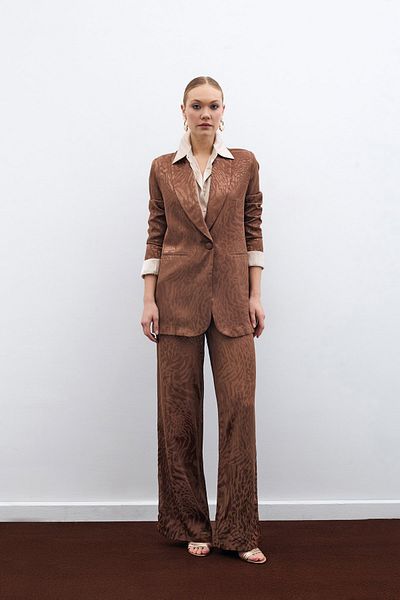 Sateen بنطلون ستان منقوش - بني