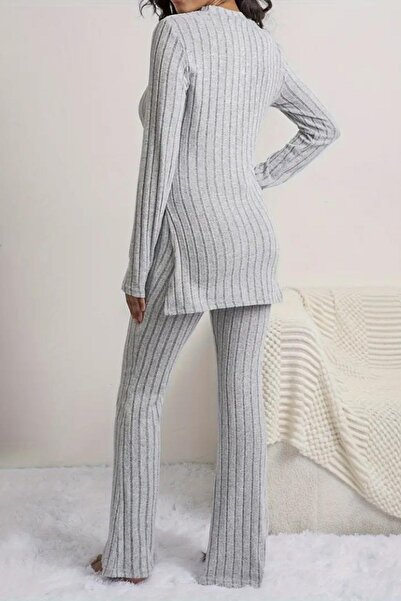 Mossta Gray Long Sleeve Slit Camisole Double Set