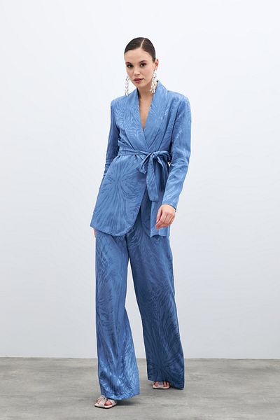 Sateen High Waist Patterned Trousers - Indigo