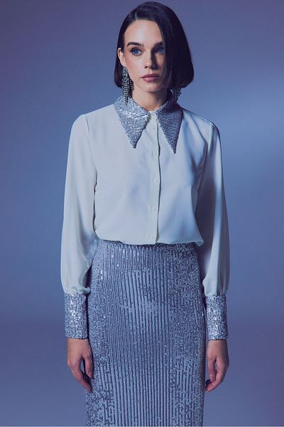 Sateen Sequin Detailed Shirt - Ecru-Silver