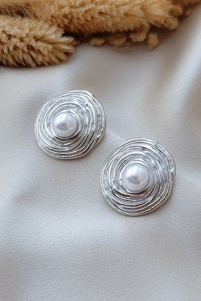 COSİTA Silver Organic Form Coiled Pearl Detail Modern Steel Earrings