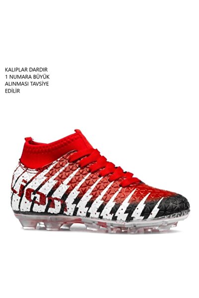 Lion Çoraplı Halı Saha Ayakkabısı Kırmızı Siyah Boğazlı Krampon