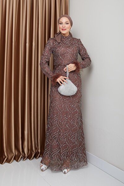 Olcay Večerní šaty hidžáb s detailním třpytem z peří 1227-Y