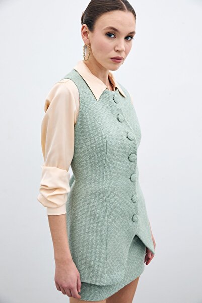 Sateen Τουίντ γιλέκο με κουμπιά - Μέντα