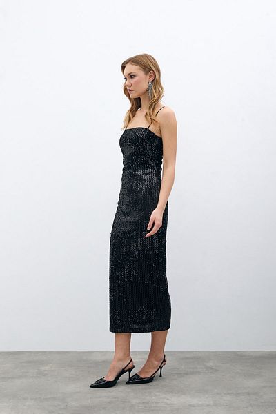 Sateen Velvet Sequined Long Dress - Black