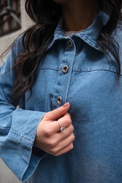 Molly Nelly Cămașă cu mânecă lungă din denim cu jumătate de plachetă pentru femei