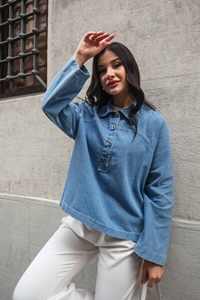 Molly Nelly Cămașă cu mânecă lungă din denim cu jumătate de plachetă pentru femei