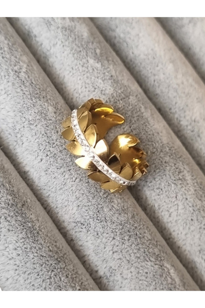MSA TREND Kadın çelik yüzük taşlı yaprak model gold renk 316 L ayar ayarlanab...