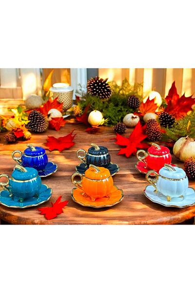 Lavin Muba Concept Coffee Cup Set with Honey Cup Lid for 6 Persons Colored Porcelain Foot