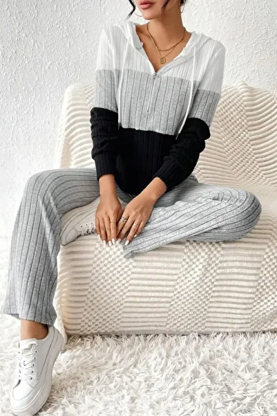 Mossta Gray Hooded Block Patterned Camisole Double Set