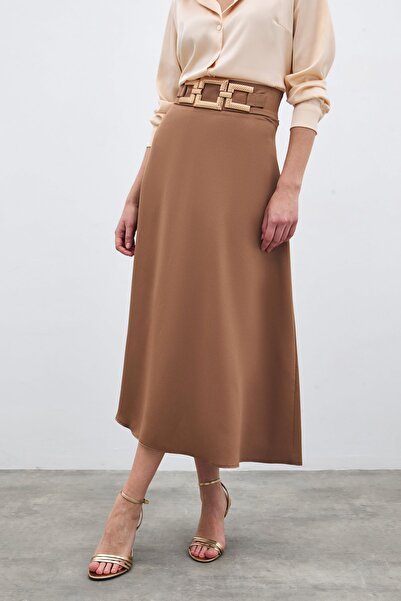 Sateen Спідниця з атласного крепу з поясом - верблюжа
