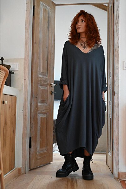 Şaman Butik Antrasit Asiye Cepli Elbise