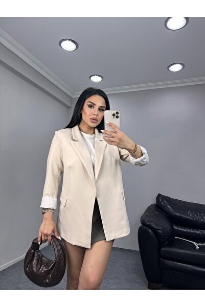 Bella Breeze Kadın Şal Yaka Düğmesiz Cepli Çizgi Desenli Astarlı Katlanabilir Kol Blazer Ceket