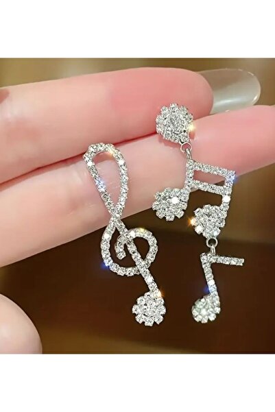 Dgt Luxury Zirkon Taşlı, Müzik Notası Küpe, Kulak İğnesi 925 Ayar Gümüş
