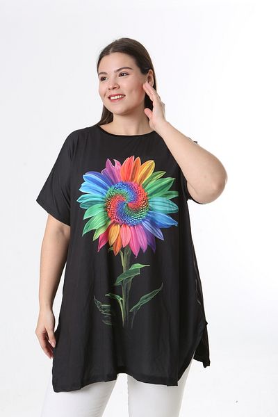 XL Modam Women's Black Digital Printed Short Sleeve Large Size Tunic