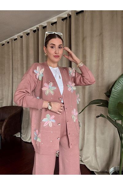 SGN Women's Floral Embroidered Stone Detailed Knitwear Cardigan and Trousers Bottom Top Set