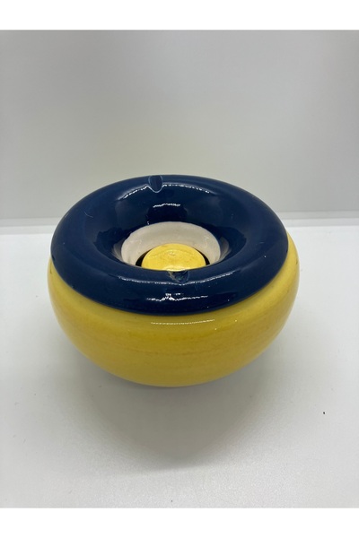 Store Yellow Navy Blue Large Lid Ashtray Handmade 18 cm