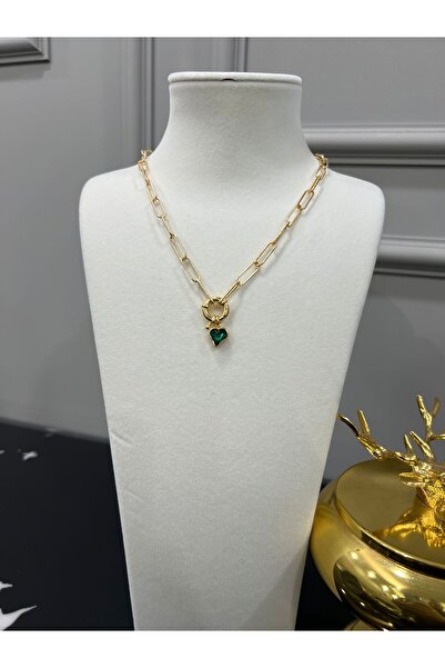 Store Yeşil Kalp Taşlı Tasarım Ataç Zincir Kolye