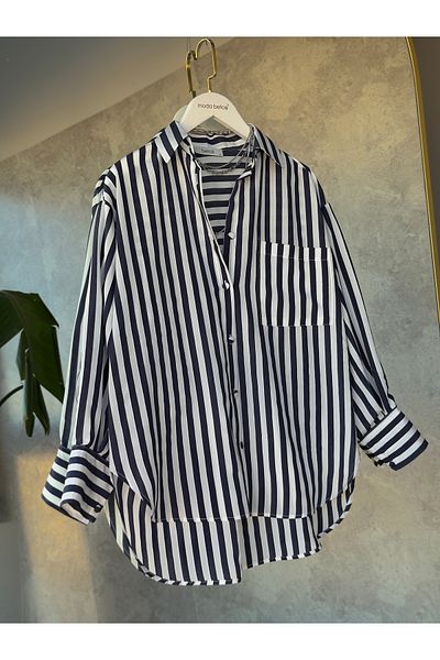 modabetce Women's Oversized Shirt with Striped Texture