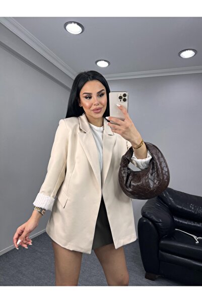 Bella Breeze Kadın Şal Yaka Düğmesiz Cepli Çizgi Desenli Astarlı Katlanabilir Kol Blazer Ceket