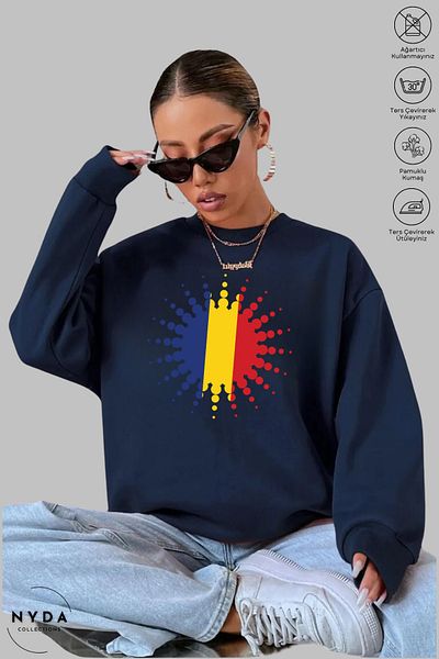 Nyda Collections Unisex μακρυμάνικο φούτερ με στάμπα Ρουμανίας με λαιμόκοψη χωρίς κουκούλα