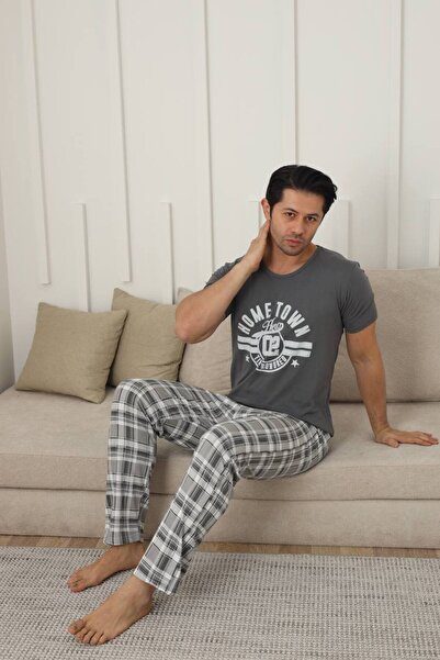 ARONA Erkek Füme Kısa Kollu Altı Uzun Yazlık Pijama Takımı