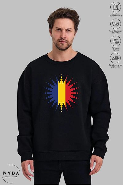 Nyda Collections Unisex Long Sleeve Romania Printed Crew Neck Hoodless Raster Oversize Sweatshirt