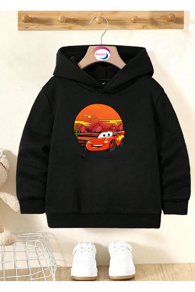 Pelna Cotton Hooded Car Printed Black Kids Sweatshirt