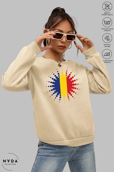Nyda Collections Unisex μακρυμάνικο φούτερ με στάμπα Ρουμανίας με λαιμόκοψη χωρίς κουκούλα