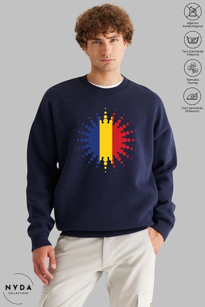 Nyda Collections Unisex μακρυμάνικο φούτερ με στάμπα Ρουμανίας με λαιμόκοψη χωρίς κουκούλα
