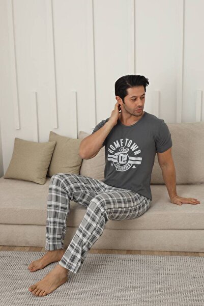 ARONA Erkek Füme Kısa Kollu Altı Uzun Yazlık Pijama Takımı