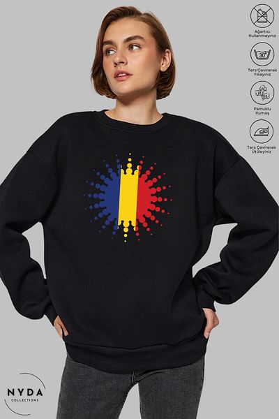 Nyda Collections Unisex Long Sleeve Romania Printed Crew Neck Hoodless Raster Oversize Sweatshirt