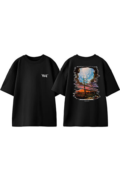 THEWERT Dizajn ljestava ka nebu Natrag Štampano Pamuk Crna Oversize kroj T-shirt