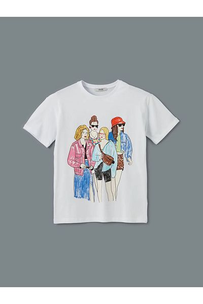 LC Waikiki Tricou de damă cu imprimeu alb cu decolteu rotund XSIDE