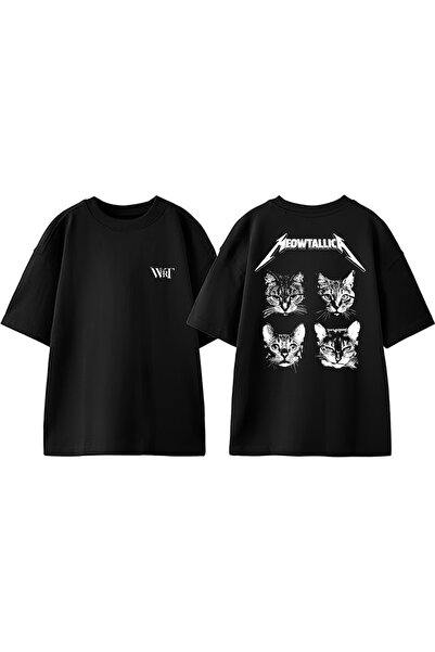 THEWERT Meowtallıca Catanism Design Back Printed Cotton Black Oversize T-Shirt