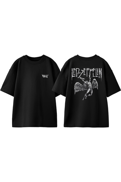 THEWERT Led Zeppelin Melek Tasarım Sırt Baskılı Pamuk Siyah Oversize T-shirt