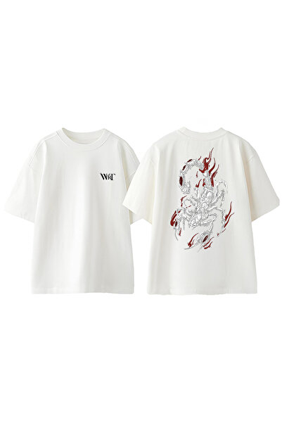 THEWERT Tricou oversize alb din bumbac imprimat cu design Bloody Scorpion