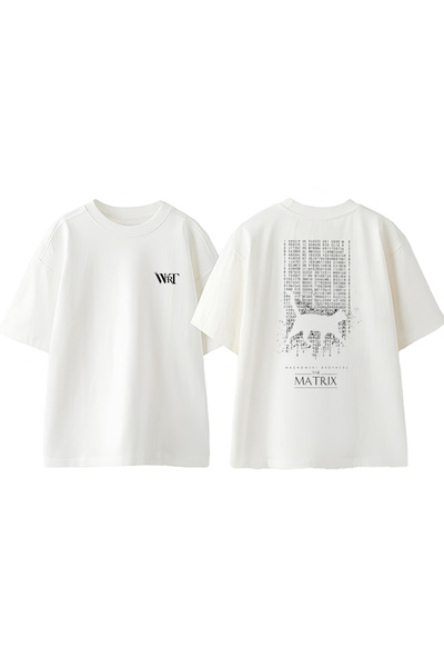 THEWERT تي شيرت أبيض كبير الحجم مطبوع عليه صورة خلفية بتصميم قطة ماتريكس