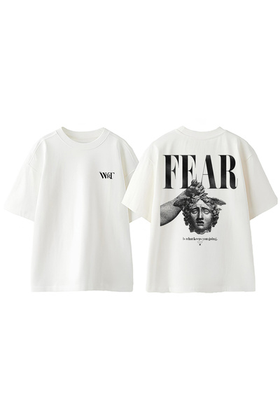 THEWERT Fear Head Design Tricou oversize alb din bumbac imprimat pe spate