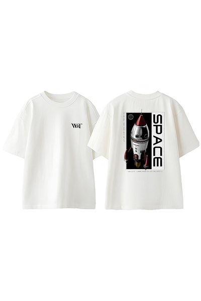 THEWERT Μπλουζάκι Space Rocket Design Back Printed Βαμβακερό λευκό oversize μπλουζάκι