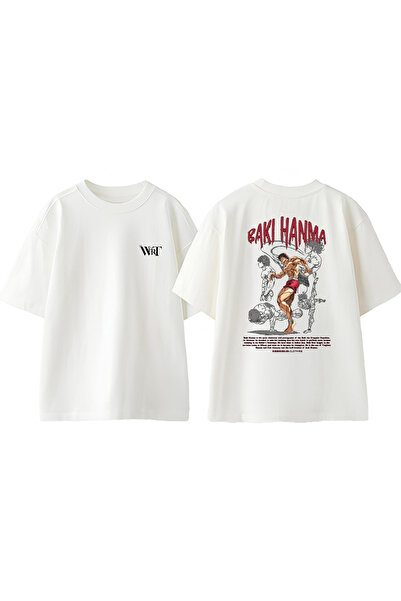 THEWERT Tricou oversize alb din bumbac imprimat pe spate Baki Hanma Design