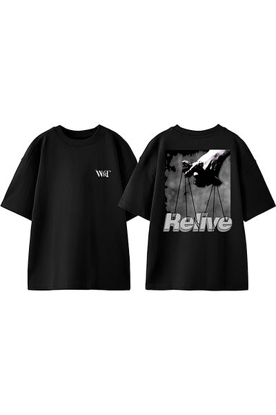 THEWERT Tricou oversize negru din bumbac imprimat pe spate Relive Design