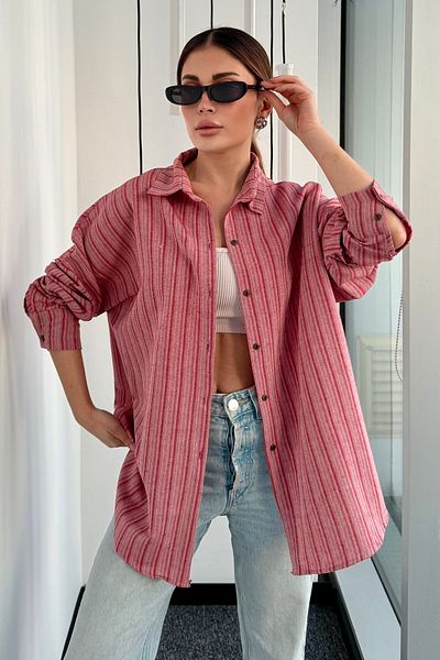 bb butik basic Oversize Cream Color Linen Textured Cotton Striped Loose Shirt Bb-Ku3435